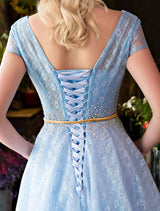 Glamorous Long Evening Dresses Luxury V Neck Rhinestones Beading Cap Sleeve Pleated Lace Tulle Baby Blue Formal Evening Dresses-showprettydress