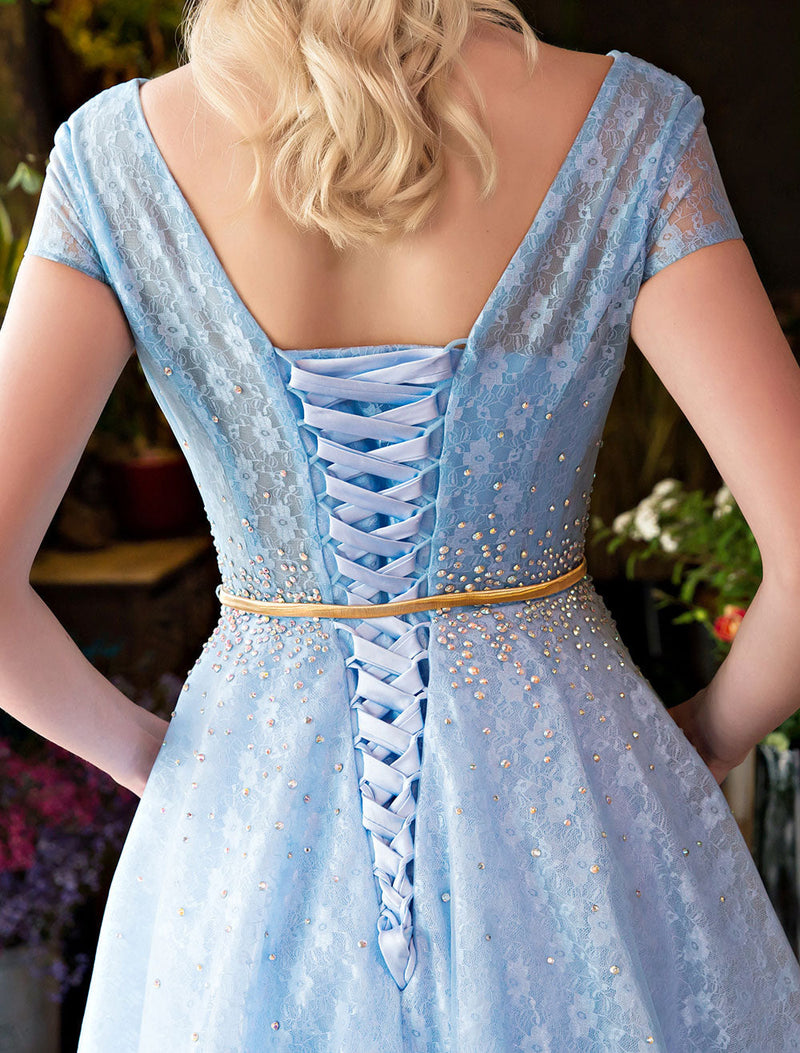 Glamorous Long Evening Dresses Luxury V Neck Rhinestones Beading Cap Sleeve Pleated Lace Tulle Baby Blue Formal Evening Dresses-showprettydress