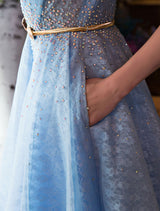 Glamorous Long Evening Dresses Luxury V Neck Rhinestones Beading Cap Sleeve Pleated Lace Tulle Baby Blue Formal Evening Dresses-showprettydress