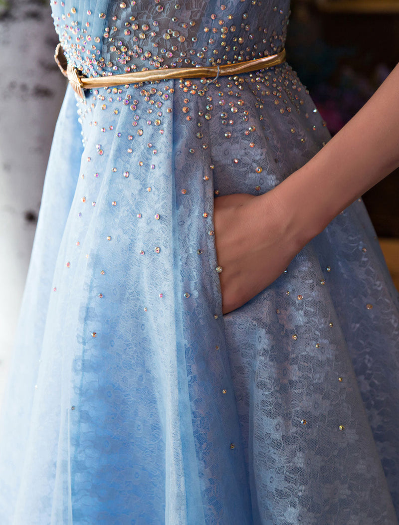 Glamorous Long Evening Dresses Luxury V Neck Rhinestones Beading Cap Sleeve Pleated Lace Tulle Baby Blue Formal Evening Dresses-showprettydress