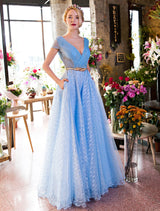 Glamorous Long Evening Dresses Luxury V Neck Rhinestones Beading Cap Sleeve Pleated Lace Tulle Baby Blue Formal Evening Dresses-showprettydress