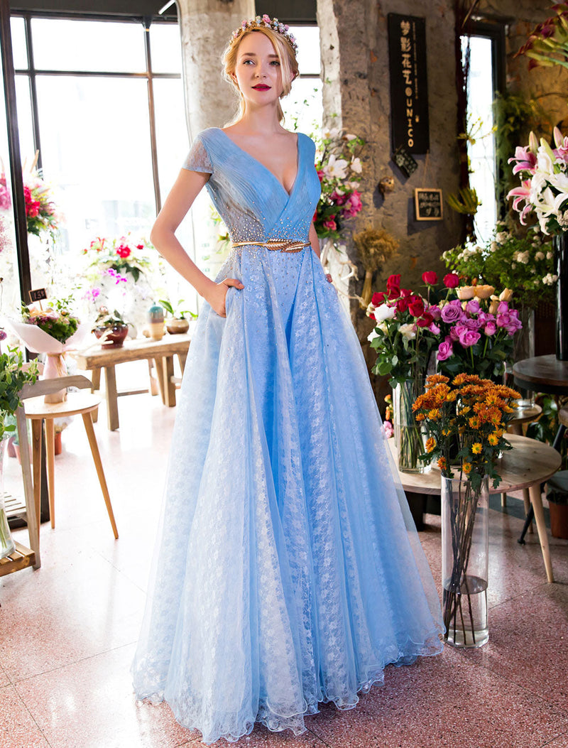 Glamorous Long Evening Dresses Luxury V Neck Rhinestones Beading Cap Sleeve Pleated Lace Tulle Baby Blue Formal Evening Dresses-showprettydress