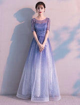Glamorous Long Evening Dresses Ombre Tulle Sequin Half Sleeve Formal Evening Dress-showprettydress