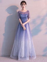 Glamorous Long Evening Dresses Ombre Tulle Sequin Half Sleeve Formal Evening Dress-showprettydress
