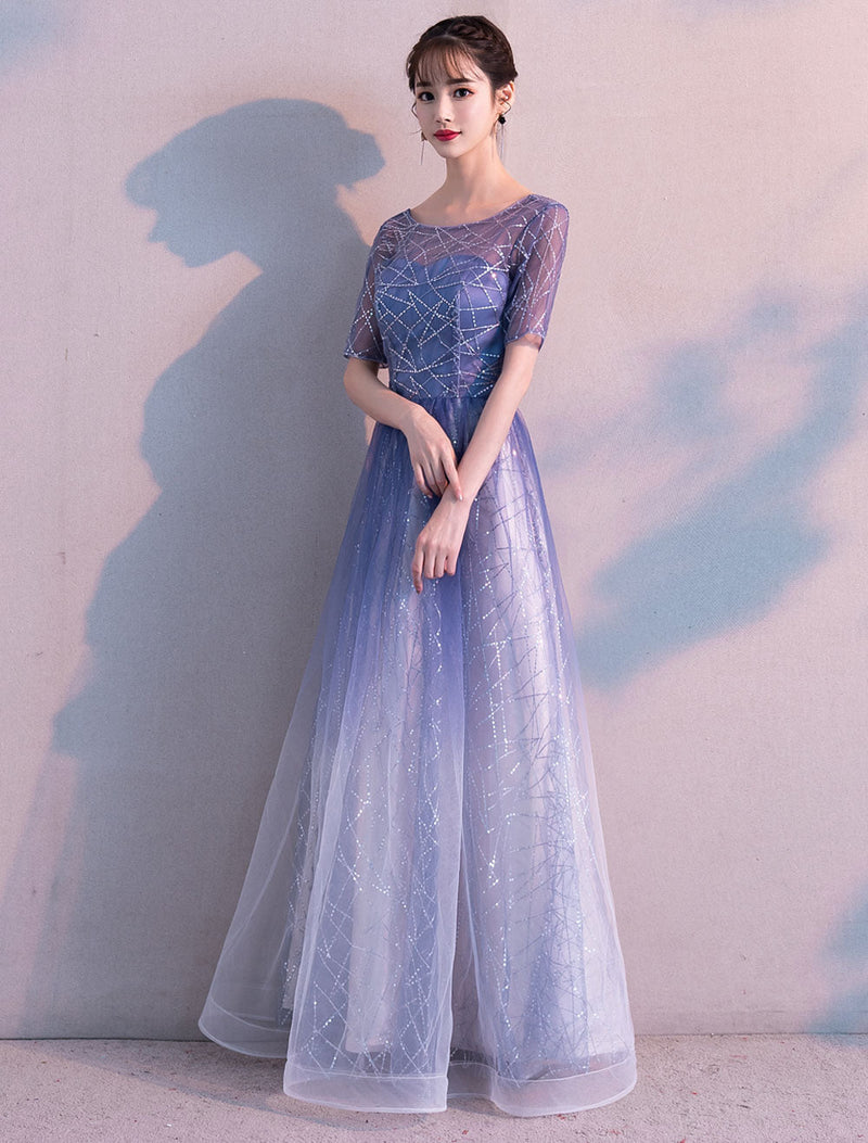 Glamorous Long Evening Dresses Ombre Tulle Sequin Half Sleeve Formal Evening Dress-showprettydress