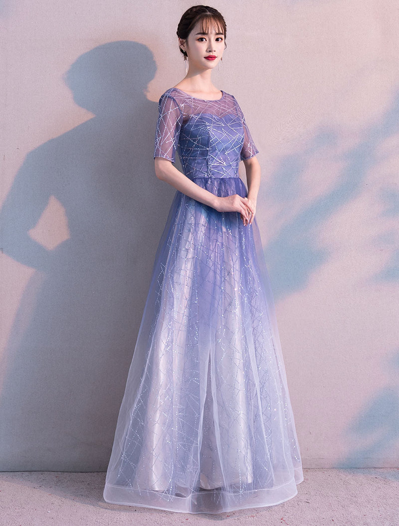 Glamorous Long Evening Dresses Ombre Tulle Sequin Half Sleeve Formal Evening Dress-showprettydress