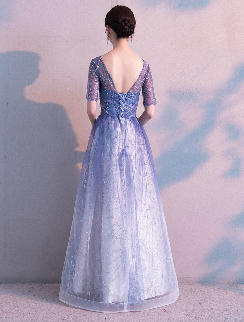 Glamorous Long Evening Dresses Ombre Tulle Sequin Half Sleeve Formal Evening Dress-showprettydress