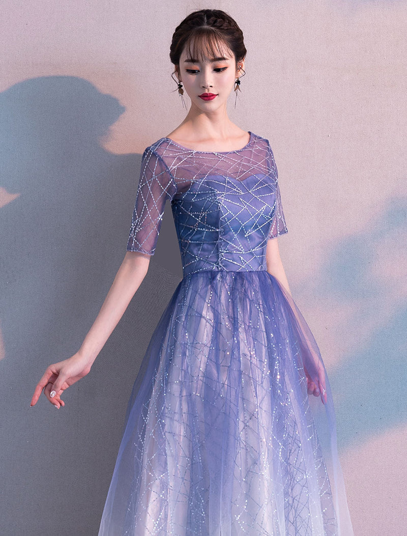 Glamorous Long Evening Dresses Ombre Tulle Sequin Half Sleeve Formal Evening Dress-showprettydress