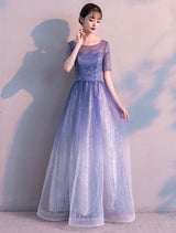 Glamorous Long Evening Dresses Ombre Tulle Sequin Half Sleeve Formal Evening Dress-showprettydress