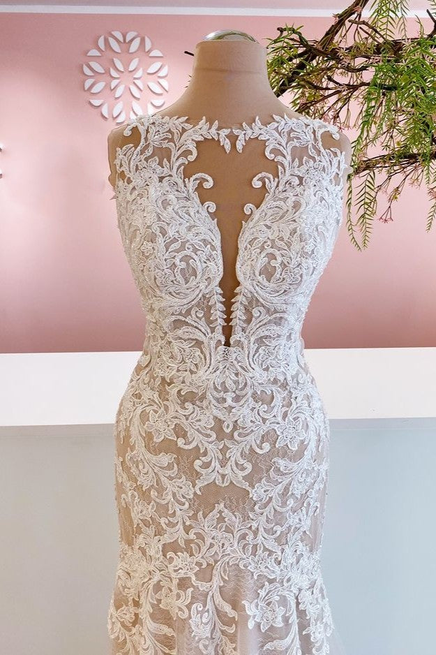 Glamorous Long Mermaid Bateau Appliques Lace Tulle Wedding Dress-showprettydress