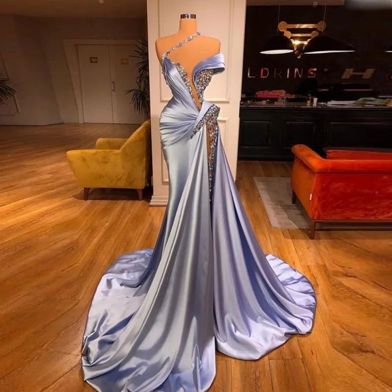 Glamorous Long Mermaid Off the shoulder Satin Beads Prom Dress With Slit-showprettydress