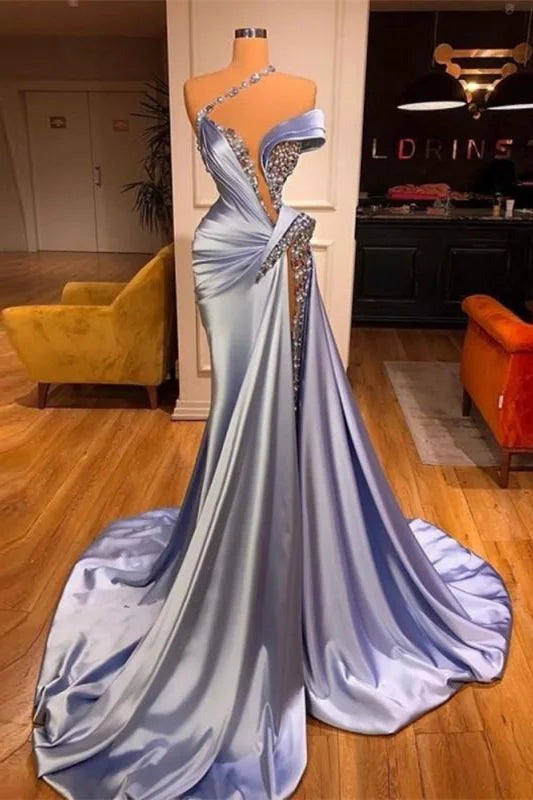 Glamorous Long Mermaid Off the shoulder Satin Beads Prom Dress With Slit-showprettydress