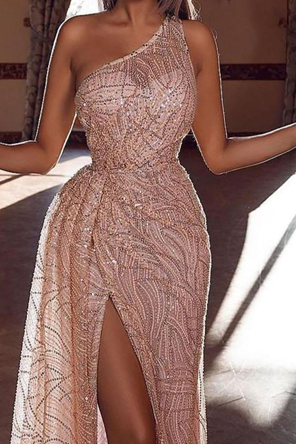 Glamorous Long Mermaid One Shoulder Sequins Prom Dress with Slit-showprettydress