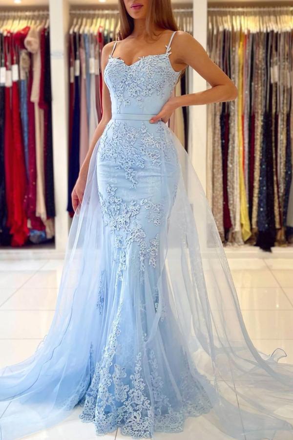 Glamorous Long Mermaid Tulle Evening Prom Dress With Lace Appliques Ruffles-showprettydress