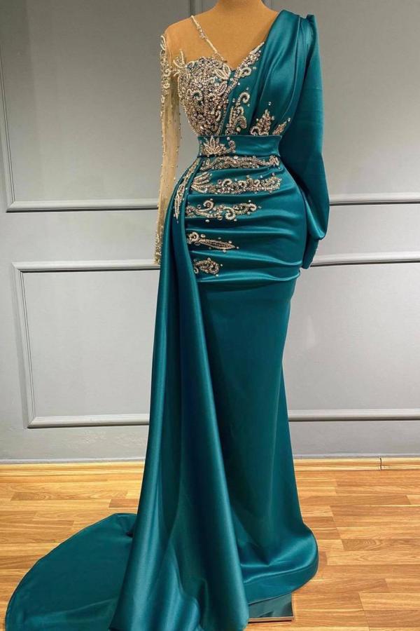 Glamorous Long Sleeve Mermaid Evening Dress With Lace Appliques Party Gowns-showprettydress