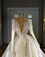Glamorous Long Sleeve Pearls Wedding Dress V-Neck With Detachable Train Online-showprettydress