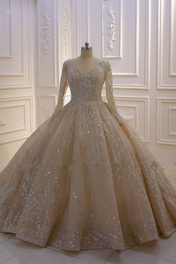Glamorous Long Sleeve V-neck Sequin Beading Ball Gown Wedding Dress-showprettydress