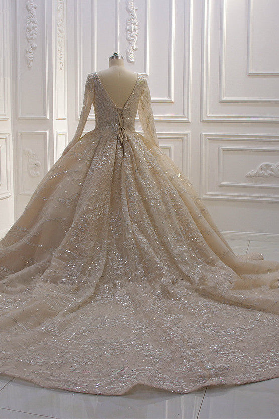 Glamorous Long Sleeve V-neck Sequin Beading Ball Gown Wedding Dress-showprettydress