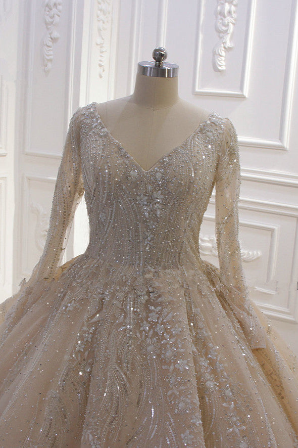 Glamorous Long Sleeve V-neck Sequin Beading Ball Gown Wedding Dress-showprettydress