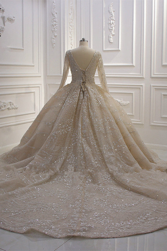 Glamorous Long Sleeve V-neck Sequin Beading Ball Gown Wedding Dress-showprettydress