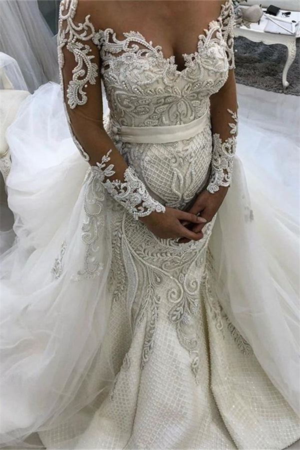 Glamorous Long Sleeves Lace Tulle Wedding Dresses New Arrival Ruffless Mermaid Bridal Gowns-showprettydress