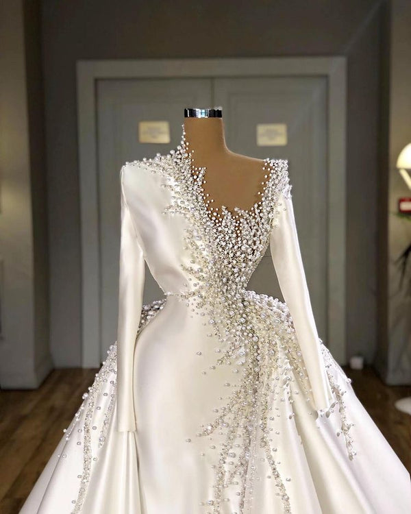 Glamorous Long Sleeves Pearls Wedding Dresses Mermaid With Detachable Train-showprettydress