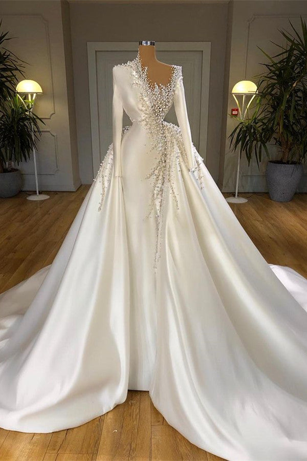 Glamorous Long Sleeves Pearls Wedding Dresses Mermaid With Detachable Train-showprettydress