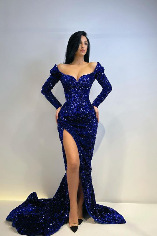 Glamorous Long Sleeves Sequins Evening Gowns Mermaid Prom Dresses with Slit-showprettydress