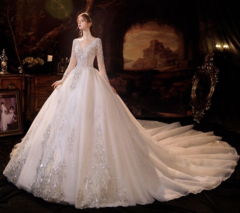 Glamorous Long Sleeves V-Neck Ball Gown Wedding Dress With Sequins Crystals-showprettydress