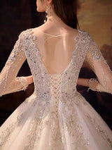 Glamorous Long Sleeves V-Neck Ball Gown Wedding Dress With Sequins Crystals-showprettydress