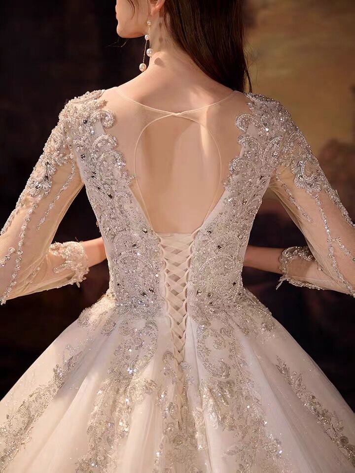 Glamorous Long Sleeves V-Neck Ball Gown Wedding Dress With Sequins Crystals-showprettydress