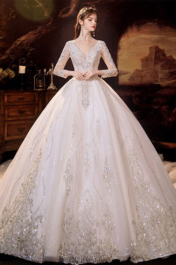 Glamorous Long Sleeves V-Neck Ball Gown Wedding Dress With Sequins Crystals-showprettydress
