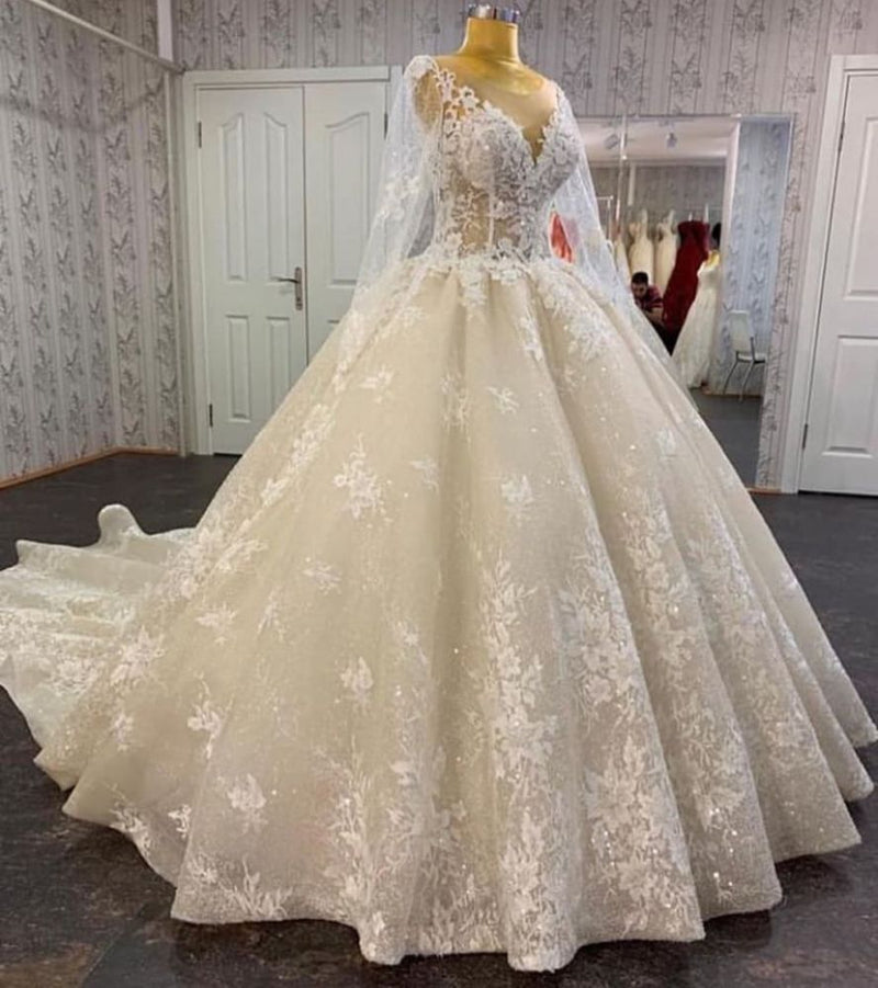 Glamorous Long Sleevess Lace A line Bridal Gown Pirncess Wedding Dress-showprettydress