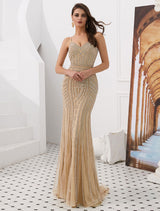 Glamorous Mermaid Evening Dresses Luxury Heavy Beaded Straps Formal Gowns With Train-showprettydress