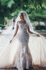 Glamorous Mermaid Long Sleevess Lace Wedding Dresses Scoop Appliques Detachable Skirt Bridal Gowns-showprettydress