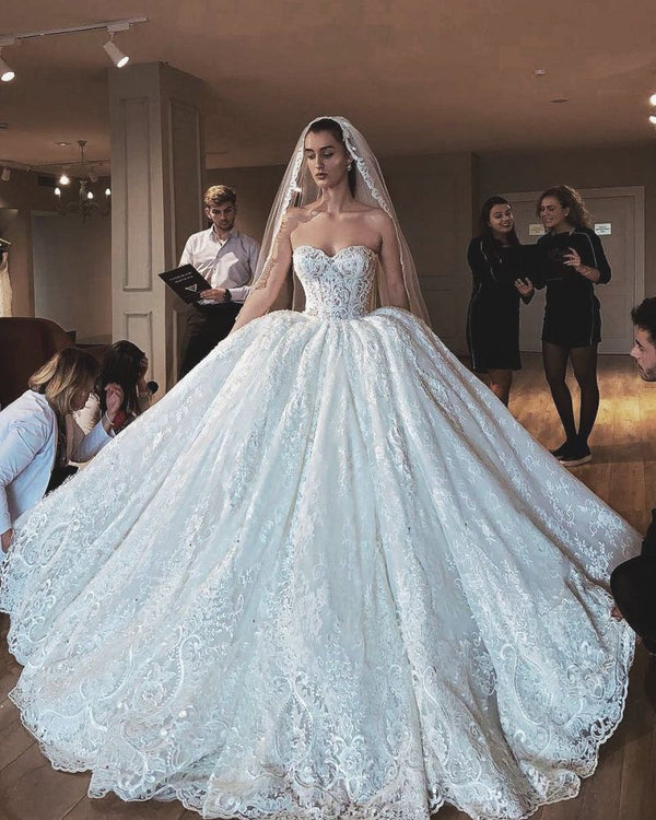 Glamorous Modern Strapless Lace Appliques Ball Gown Wedding Dress-showprettydress