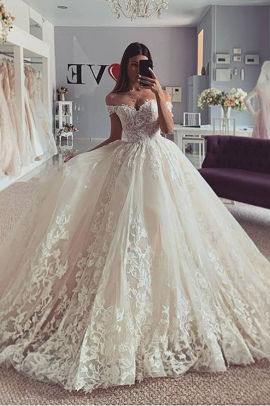 Glamorous Off-the-Shoulder Ball Gown Princess Wedding Dress Lace Bridal Gown-showprettydress