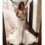 Glamorous Off the Shoulder Long Sleevess V Neck Appliques Mermaid Floor Length Wedding Dresses-showprettydress