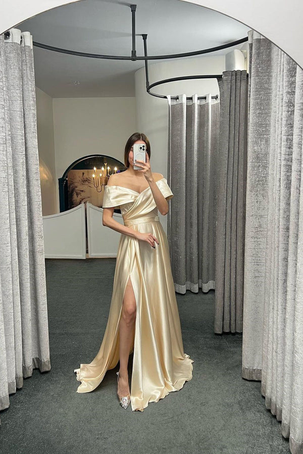 Glamorous Off The Shoulder Prom Dress With Split Ruffles A-Line Evening Gowns-showprettydress