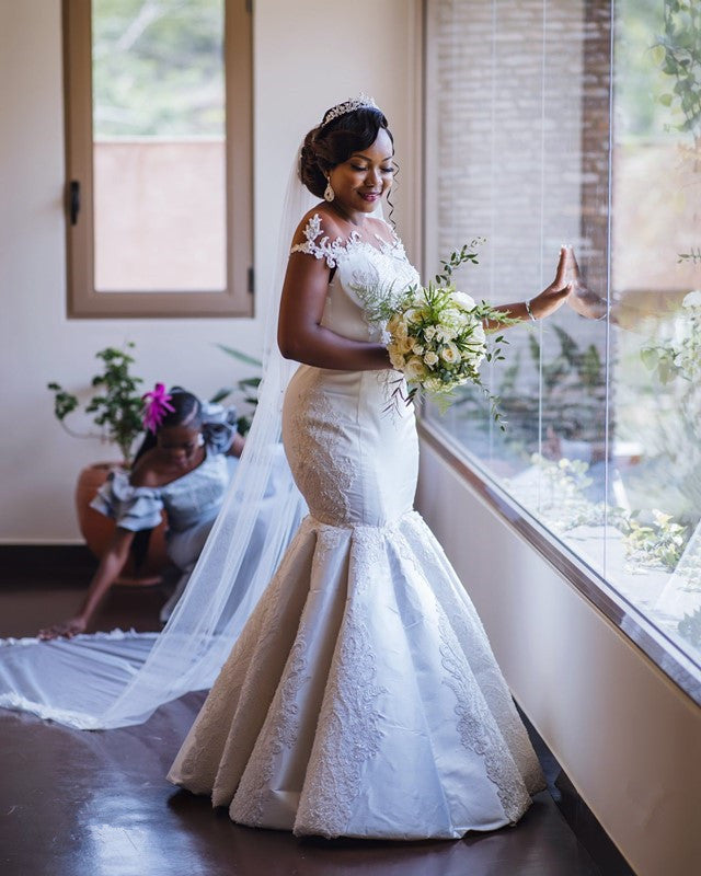 Glamorous Off the ShoulderLace Applique Mermaid Bridal Wedding Dresses-showprettydress