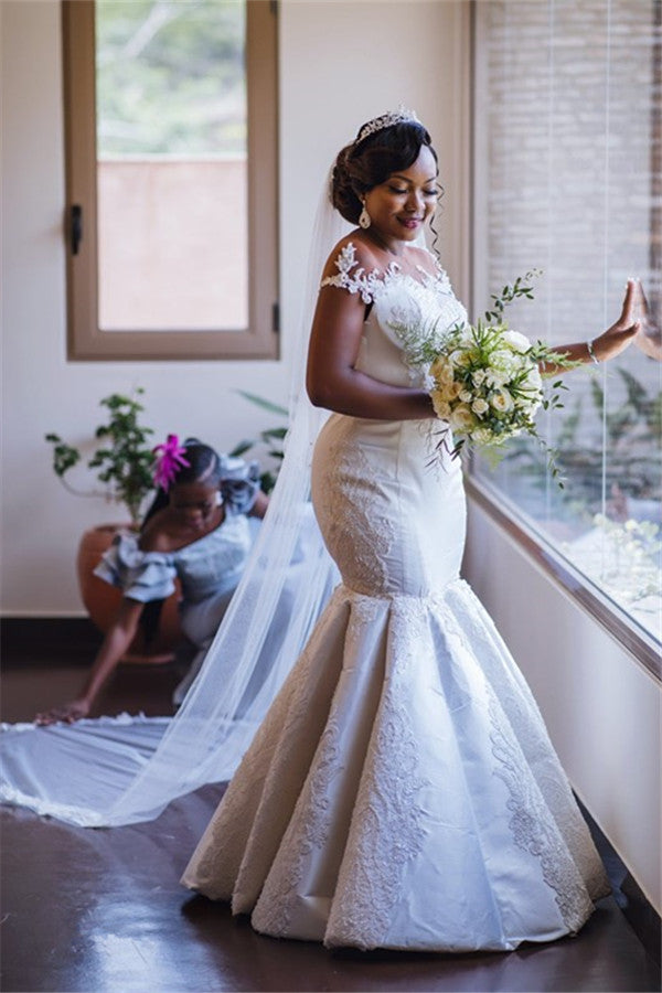 Glamorous Off the ShoulderLace Applique Mermaid Bridal Wedding Dresses-showprettydress