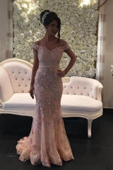 Glamorous Pink Off-the-shouder Prom Dresses Glitter Lace Mermaid Evening Gowns-showprettydress