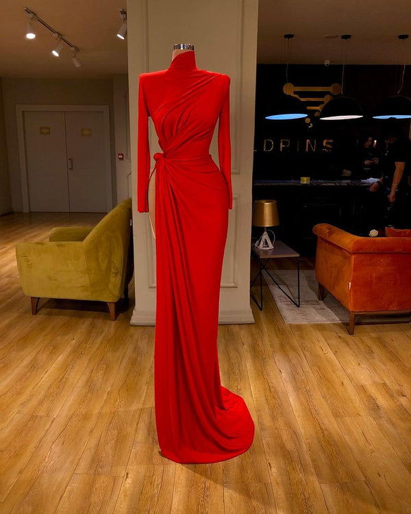 Glamorous Red Long Sleeve High Neck Mermaid Prom Dress Long Formal Dresses With Split-showprettydress