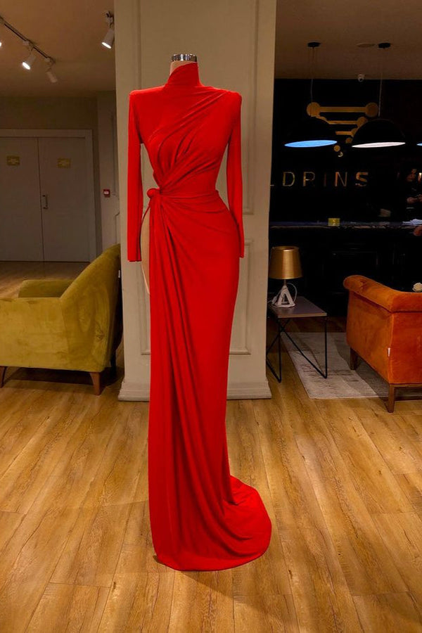 Glamorous Red Long Sleeve High Neck Mermaid Prom Dress Long Formal Dresses With Split-showprettydress