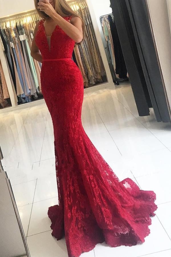 Glamorous Red Wide Strap Lace Evening Dress V-neck Long-showprettydress