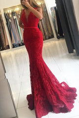 Glamorous Red Wide Strap Lace Evening Dress V-neck Long-showprettydress