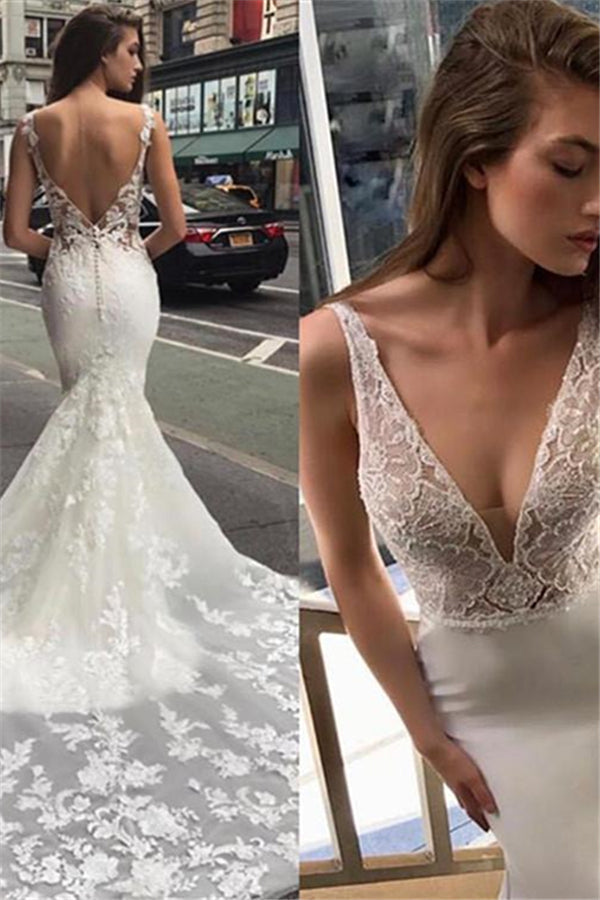 Glamorous Spaghetti Deep V Neck Mermaid Sleeveless Bridal GownNew Arrival Backless Wedding Dress with Lace Appliques-showprettydress