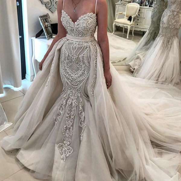 Glamorous Spaghetti Sreaps Lace Wedding Dress Ruffless Overskirt Bridal Gowns-showprettydress