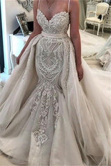 Glamorous Spaghetti Sreaps Lace Wedding Dress Ruffless Overskirt Bridal Gowns-showprettydress