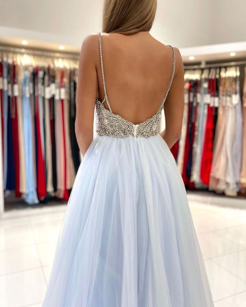 Glamorous Sweetheart Prom Dress Long Backless Tulle Evening Gowns-showprettydress